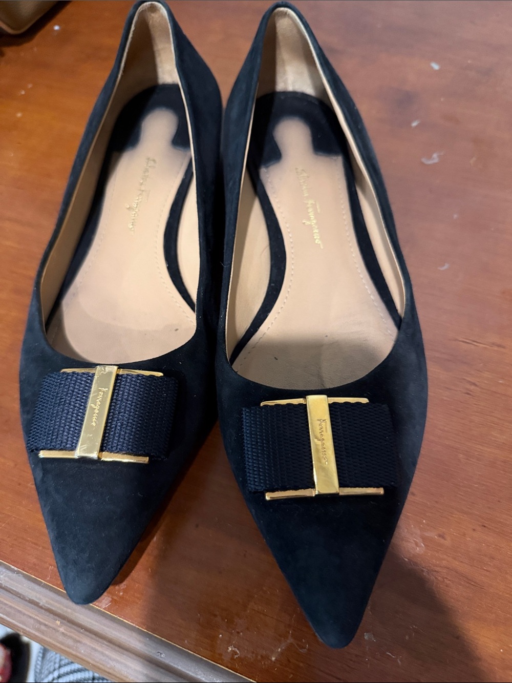 Salvatore Ferragamo Black Suede Pointed Flats with Gold Bow